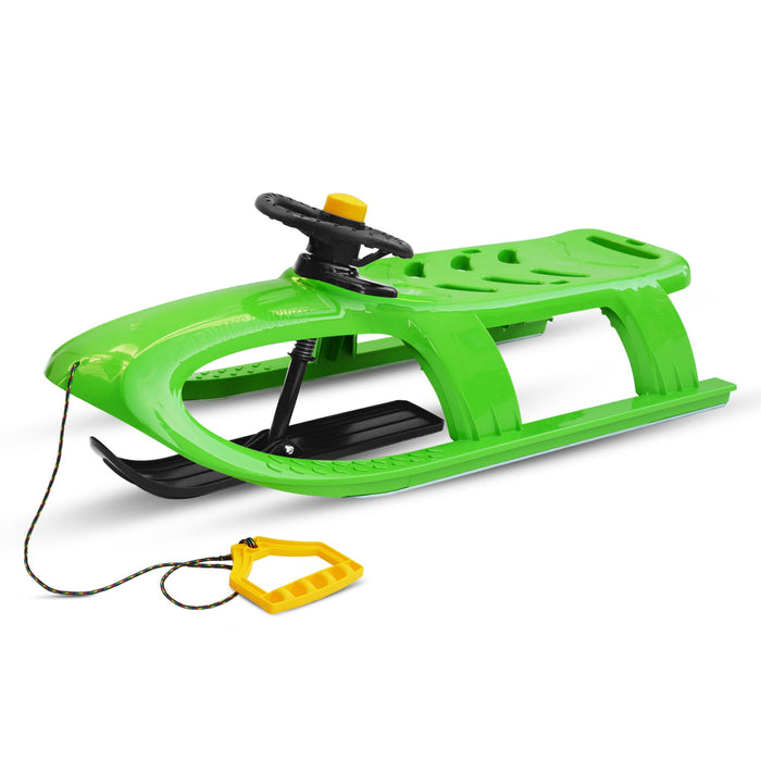 Children's sledge, plastic sledge with steering wheel, green