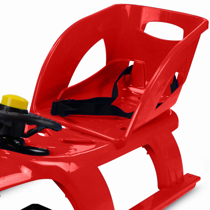Children's sledge, plastic sledge with steering wheel and backrest, red