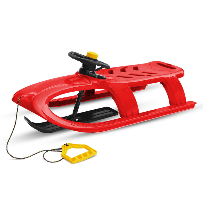 Children's sledge, plastic sledge with steering wheel and backrest, red