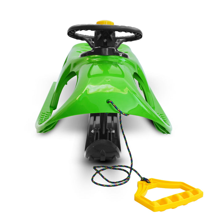 Children's sledge, plastic sledge with steering wheel and backrest, green