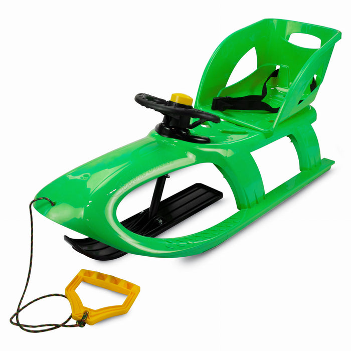 Children's sledge, plastic sledge with steering wheel and backrest, green